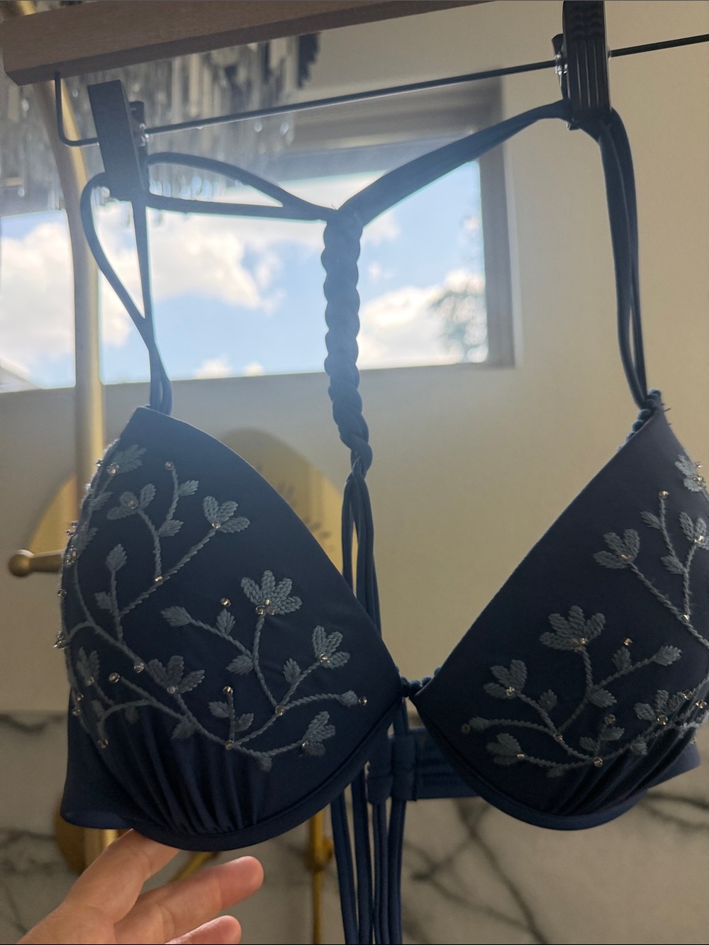 Time and Tru Navy Embroidered Swim Bra Top with Braided Back